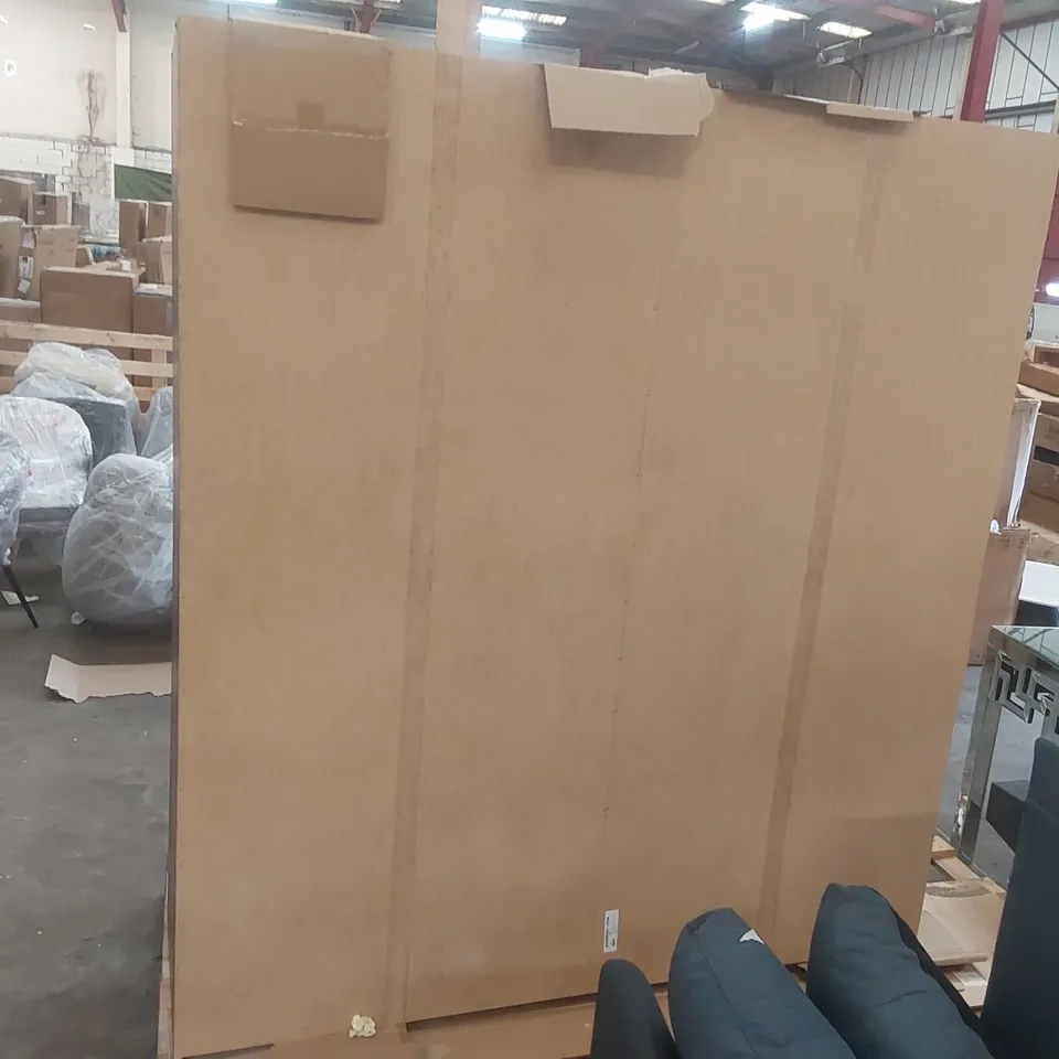 DESIGNER DOUBLE SLIDING DOOR WARDROBE WITH OAK AND CONCRETE FINISH, 170.3 CM W X 190.5 CM H X 61.2 CM D