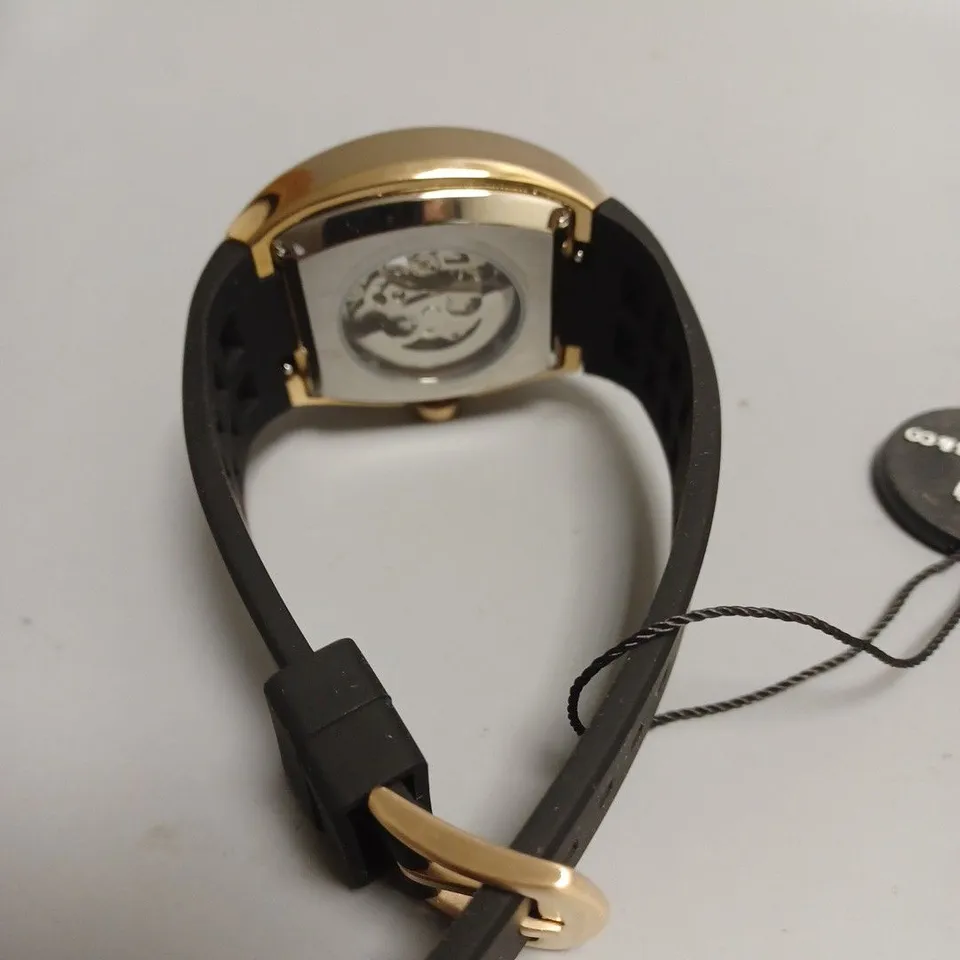 MENS AUTOMATIC DESCHAMPS & CO WATCH – SKELETON DIAL – GLASS EXHIBITION BACK CASE – RUBBER STRAP