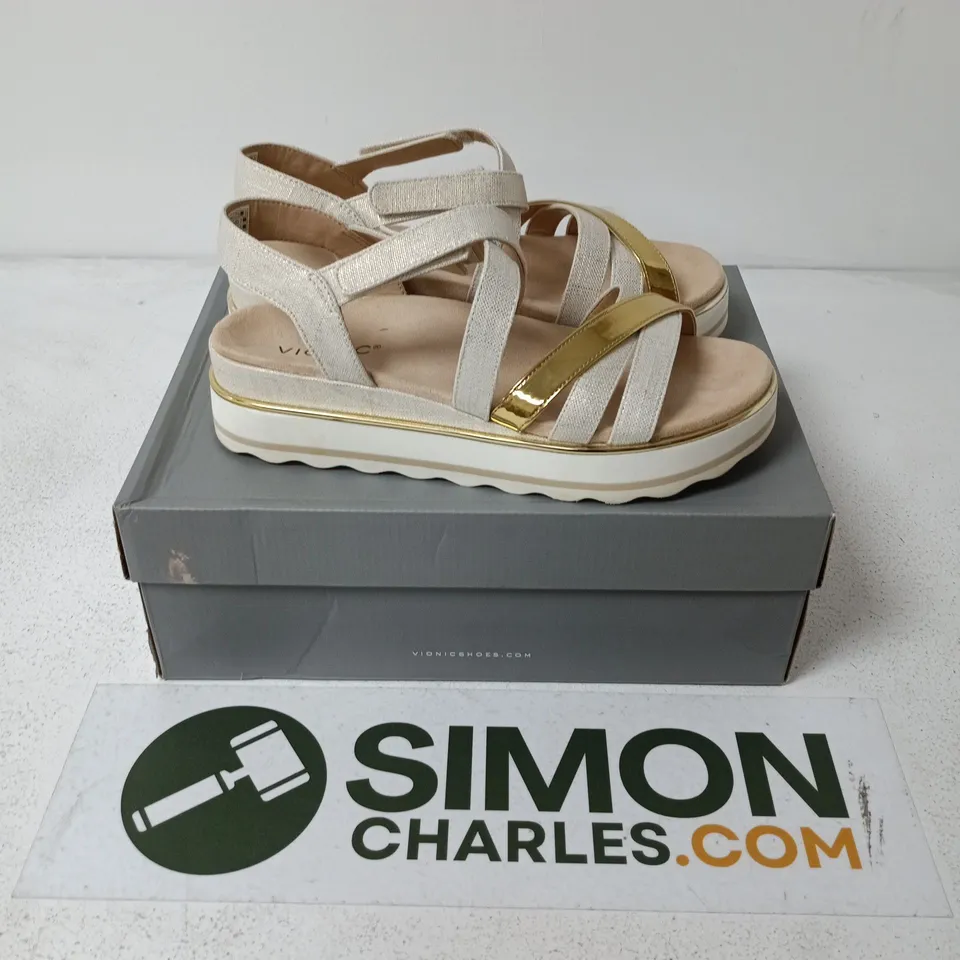 BOXED PAIR OF VIONIC SANDALS IN NATURAL/GOLD COLOUR - UK 7