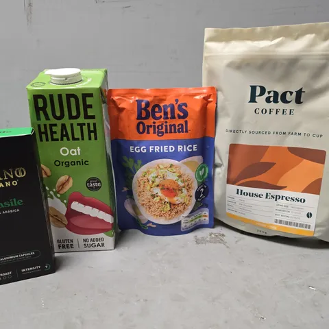 APPROXIMATELY 8 ASSORTED FOOD & DRINK ITEMS TO INCLUDE - PACT COFFEE HOUSE ESPRESSO , RUDE HEALTH OAT ORGANIC ETC