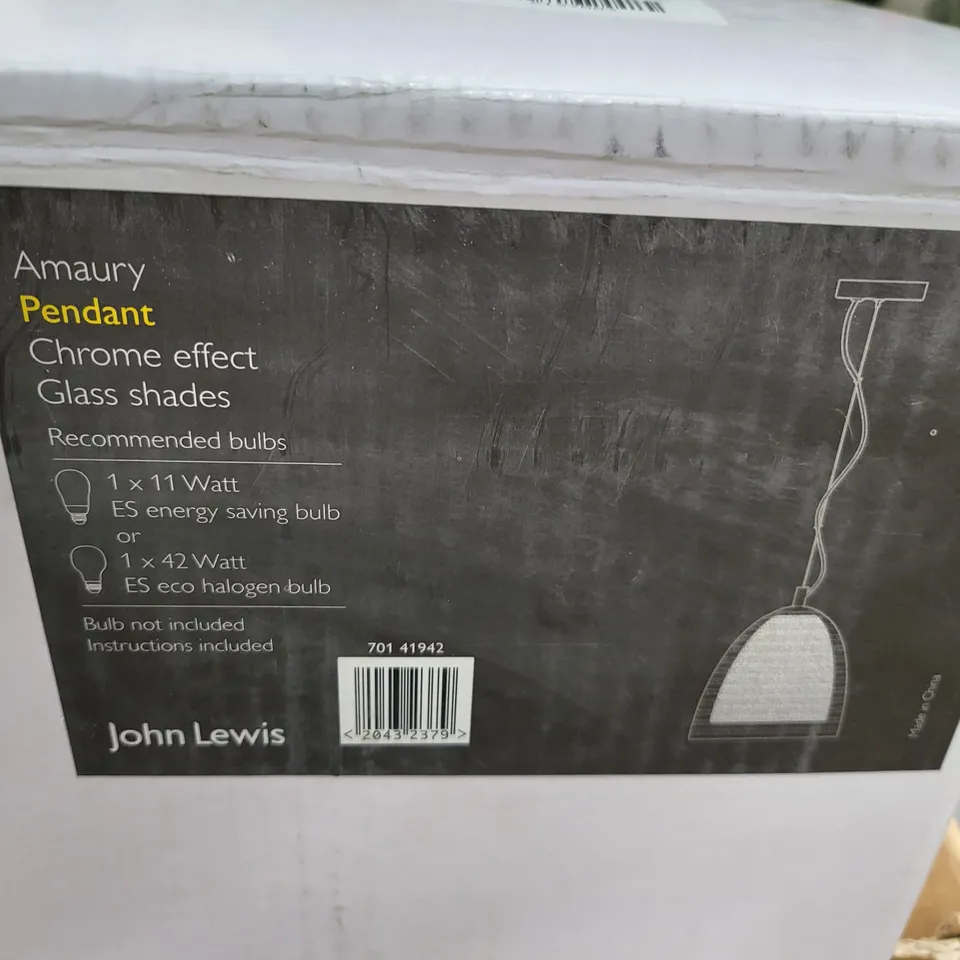 JOHN LEWIS AMAURY PENDANT CEILING LIGHT - CHROME EFFECT/GLASS SHADE 