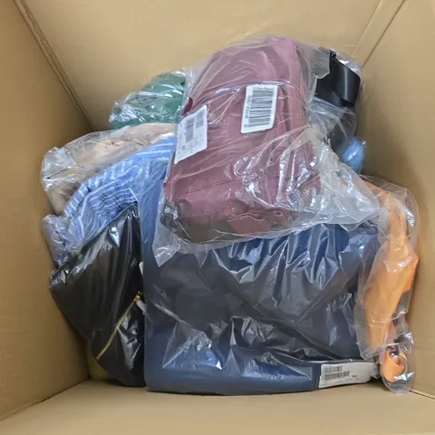 BOX OF APPROX 15 ASSORTED CLOTHING ITEMS IN VARIOUS STYLES , COLORS AND SIZES
