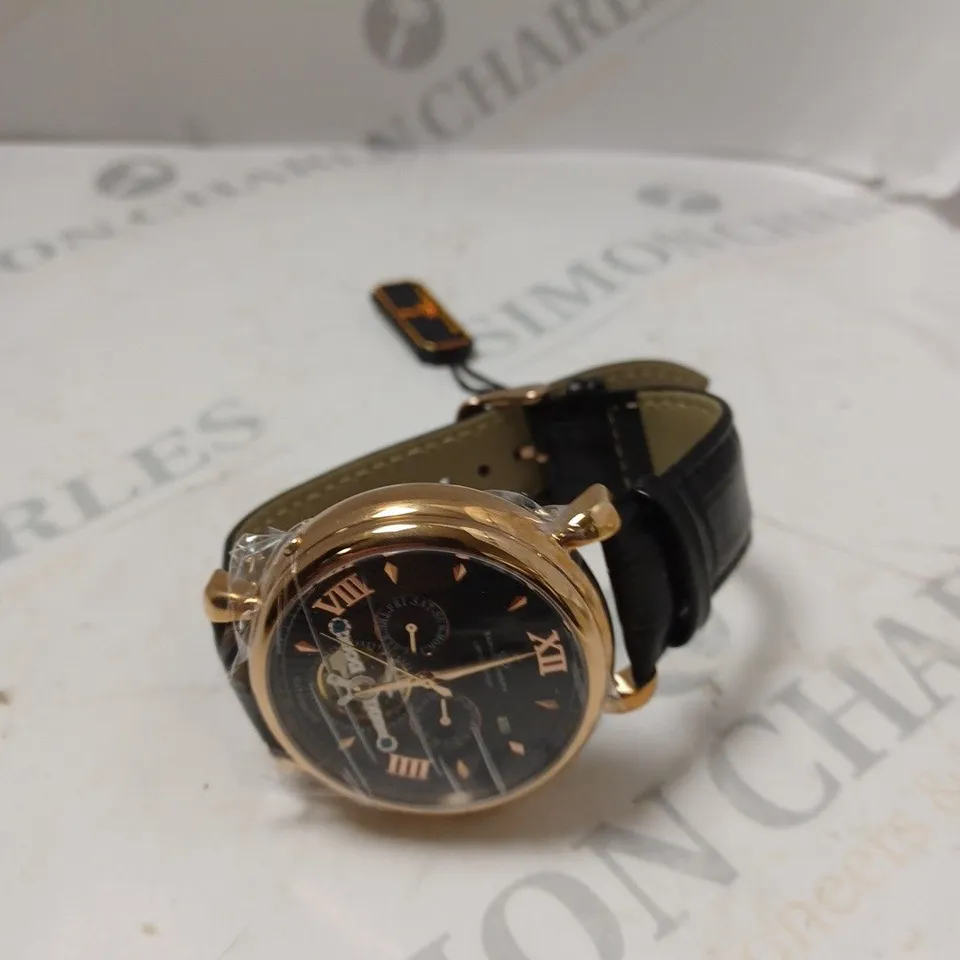 BOXED SAMUEL JOSEPH AUTOMATIC ROSE BLACK WATCH WITH LEATHER STRAP