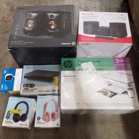 PALLET CONTAINING ASSORTED ELECTRICAL PRODUCTS INCLUDING BLUETOOTH BOOKSHELF SPEAKERS, HDMI DVD PLAYER, WIRELESS HEADPHONES, HP DESKJET 2810E PRINTER, HI-FI MICRO SYSTEM & HOME SECURITY WI-FI CAMERA 