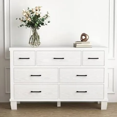 BOXED GARVEE 7-DRAWER WHITE DRESSER WITH METAL HANDLES + LARGE STORAGE CAPACITY + WOOD CONSTRUCTION + ANTI-TIP SAFETY + MODERN DESIGN FOR BEDROOM, CLOSET, LIVING ROOM, WHITE (1 BOX)