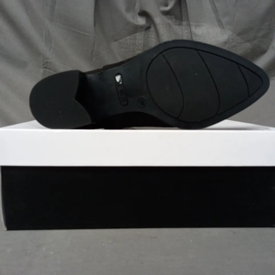 BOXED PAIR OF NINE WEST TAYE SUEDETTE ANKLE BOOTS IN BLACK EU SIZE 35