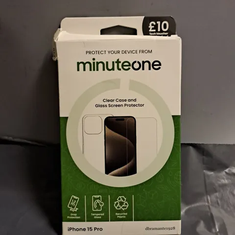 BOX OF APPROXIMATELY 30 MINUTE ONE IPHONE 15 PRO CLEAR CASE & GLASS SCREEN PROTECTOR 