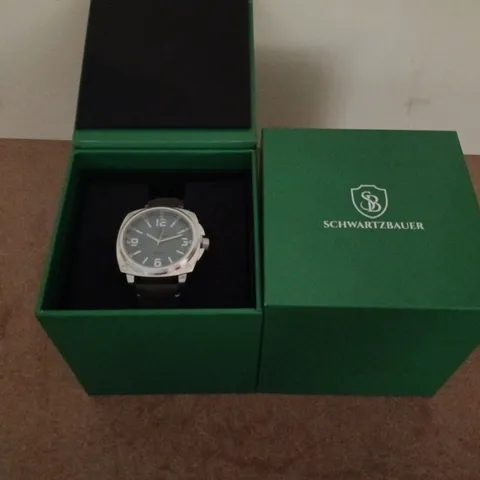 BOXED SCHWARTZBAUER QUARTZ WRISTWATCH, BLACK LEATHER STRAP