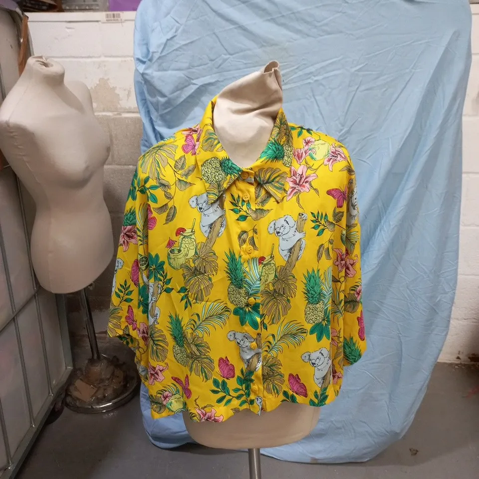 UK 6 ZARA WOMEN'S TROPICAL PRINT SHIRT – YELLOW, MADE IN MOROCCO