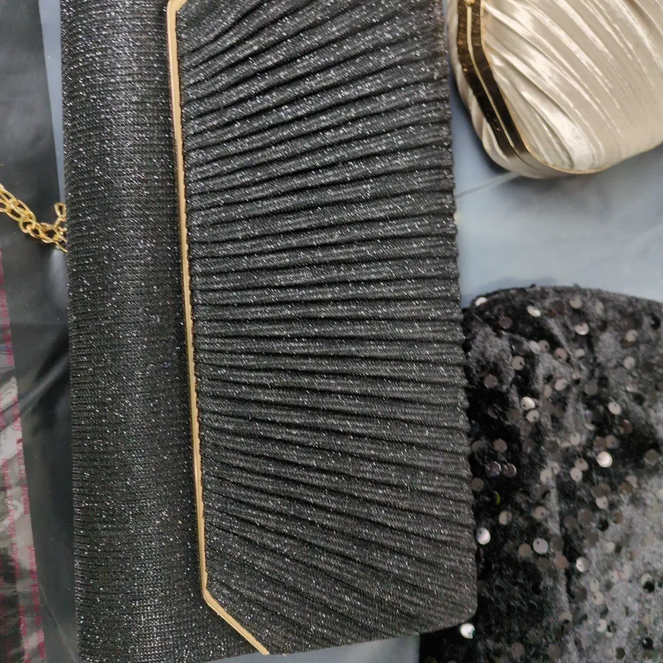 SET OF FIVE WOMEN'S EVENING BAGS/CLUTCHES – BLACK SEQUIN, CHAMPAGNE SATIN & MORE