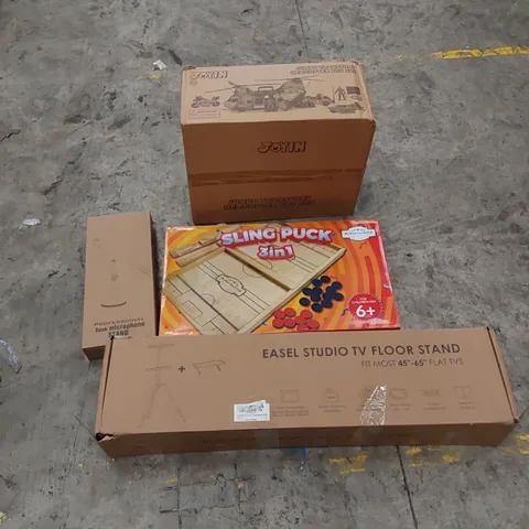 PALLET OF ASSORTED HOUSEHOLD ITEMS AND CONSUMER PRODUCTS. INCLUDES TOYS, DESK MICROPHONE STAND, EASEL STUDIO TV FLOOR STAND ETC