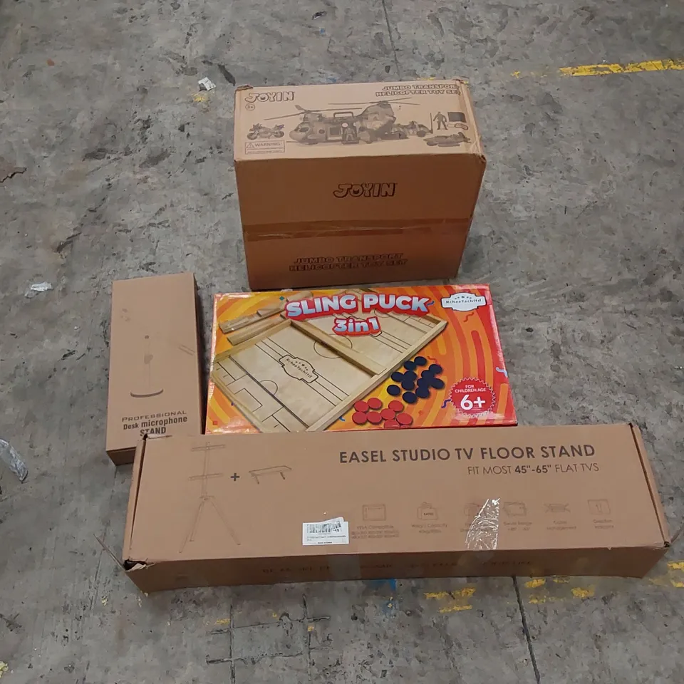 PALLET OF ASSORTED HOUSEHOLD ITEMS AND CONSUMER PRODUCTS. INCLUDES TOYS, DESK MICROPHONE STAND, EASEL STUDIO TV FLOOR STAND ETC