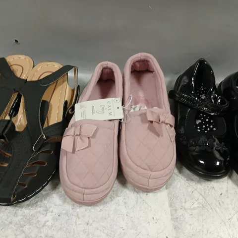 BOX OF APPROXIMATELY 20 ASSORTED PAIRS OF SHOES AND FOOTWEAR ITEMS IN VARIOUS COLOURS, STYLES, AND SIZES - COLLECTION ONLY