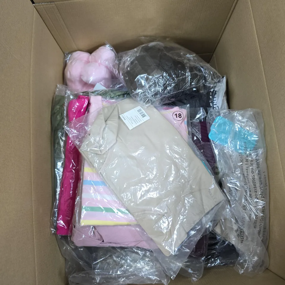 BOX OF APPROXIMATELY 15 ASSORTED CLOTHING ITEMS IN VARIOUS COLOURS, SIZES AND STYLES