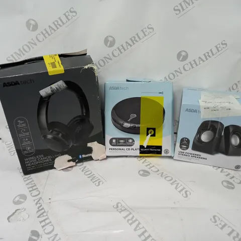 APPROXIMATELY 20 ASSORTED ITEMS TO INCLUDE WIRELESS HEADPHONES, PERSONAL CD PLAYER, USB POWERED STEREO SPEAKERS ETC.