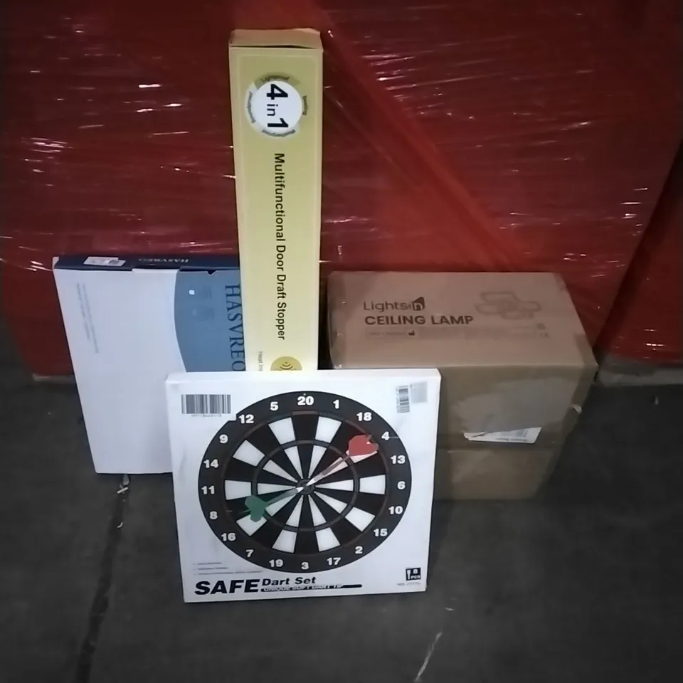 PALLET OF HOUSEHOLD ITEMS TO INCLUDE DOOR DRAFT STOPPER,CEILING, KITCHEN FAUCET, DARTS SET AND OTHER ASSORTED ITEMS...