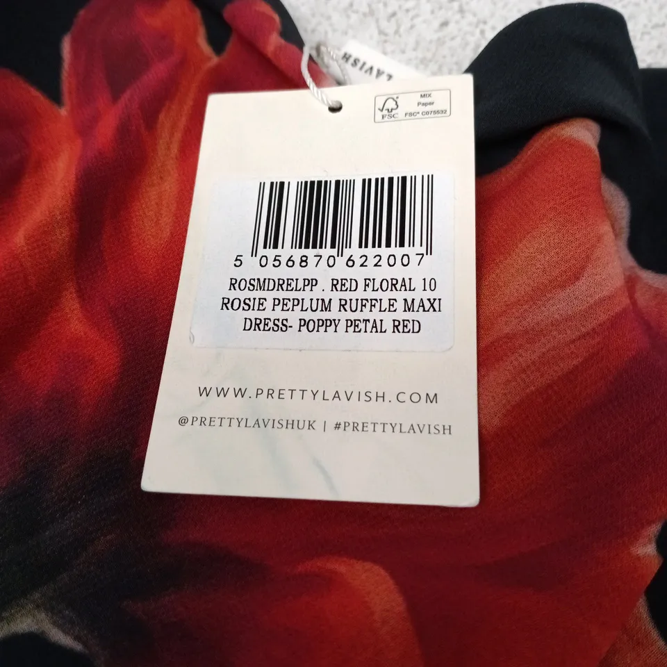 UK 10 PRETTY LAVISH ROSIE PEPLUM RUFFLE MAXI DRESS – POPPY PETAL RED