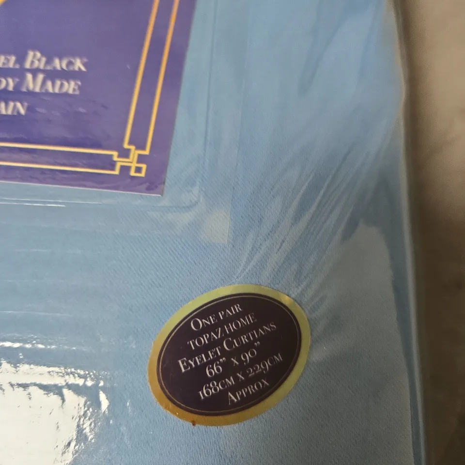 BOX OF APPROXIMATELY 10 X TOPAZ SILK-FEEL BLACKOUT EYELET CURTAINS –  READY MADE, LIGHT BLUE, 66 X 95 IN (168 X 229 ) 