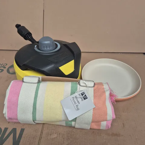 APPROXIMATELY 15 ASSORTED HOUSEHOLD PRODUCTS TO INCLUDE PLASTIC PLATES, WALLPAPER, PICNIC RUG ETC 