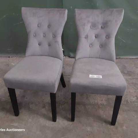 PAIR OF UPHOLSTERED BUTTONED RING BACK DINING CHAIRS GREY PLUSH FABRIC ON BLACK PAINTED LEGS 