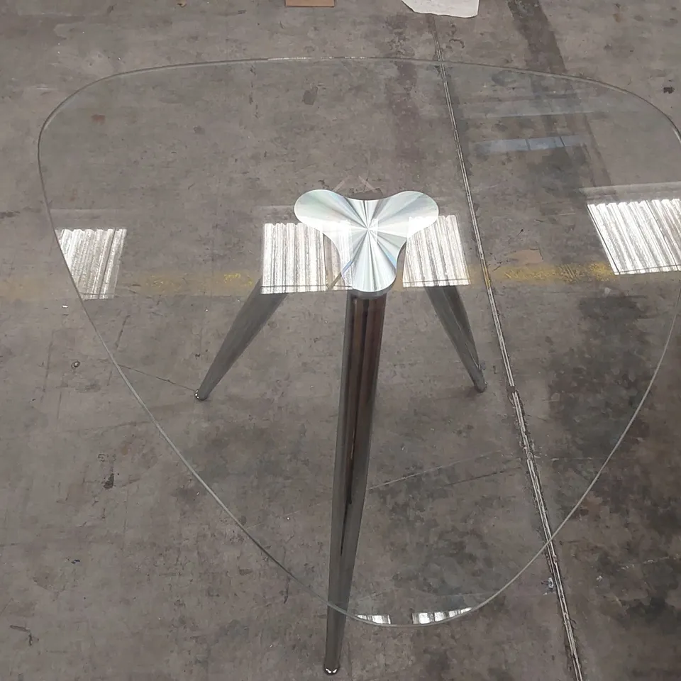 DESIGNER TRIANGULAR GLASS TOP TABLE WITH CHROME METAL TRI-POD BASE