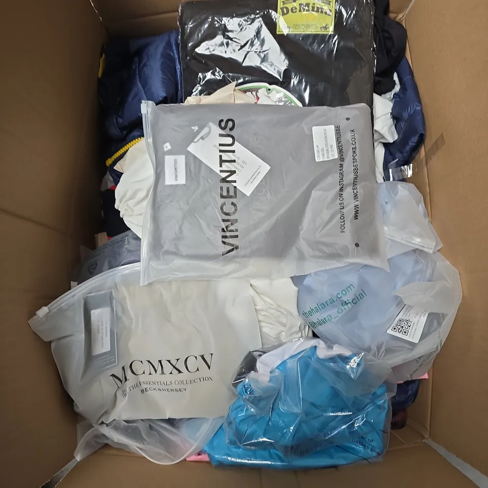 LARGE BOX OF APPROXIMATELY 20 ASSORTED CLOTHING ITEMS IN VARIOUS SIZES, STYLES AND COLOUR 