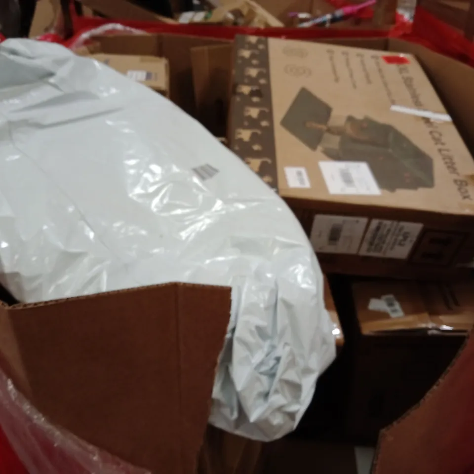 PALLET OF ASSORTED HOUSEHOLD GOODS AND PRODUCTS TO INCLUDE; STAINLESS STEEL CAT LITTER BOX,AIR COOLER, RETRACTABLE SAFETY GATE