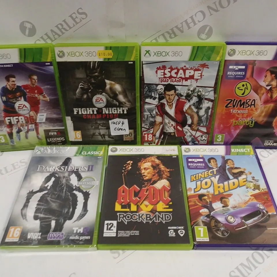 APPROXIMATELY 15 ASSORTED XBOX 360 VIDEO GAMES TO INCLUDE ZUMBA FITNESS, FIGHT NIGHT CHAMPION, ESCAPE DEAD ISLAND ETC 