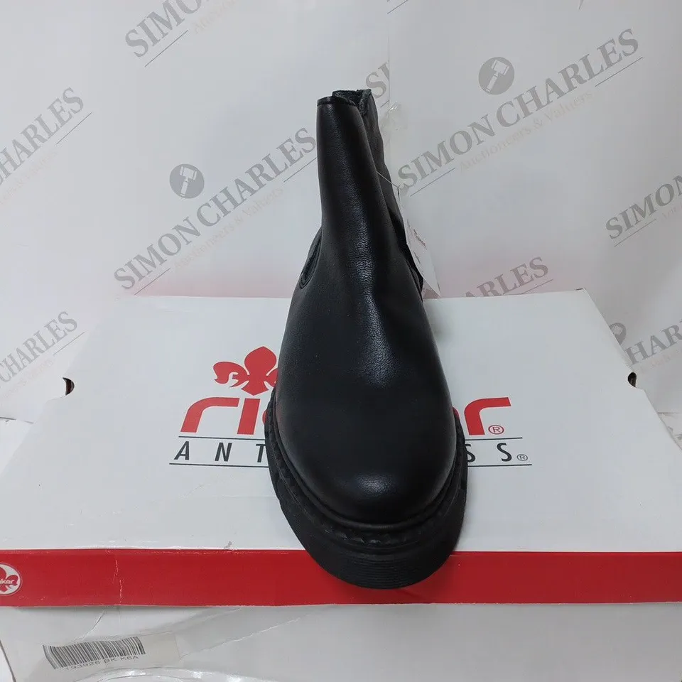 BOXED PAIR OF RIEKER CHUNKY ANKLE BOOTS IN BLACK UK SIZE 6.5