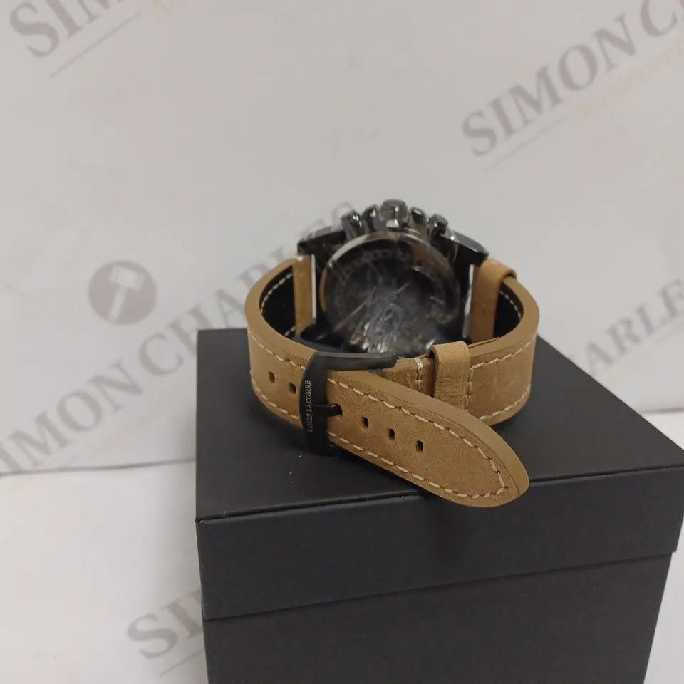 LOUIS LACOMBE MENS CHRONOGRAPH WATCH - BLACK STAINLESS STEEL CASE - LEATHER STRAP - 3ATM WATER RESISTANT - DISPLAY BOX