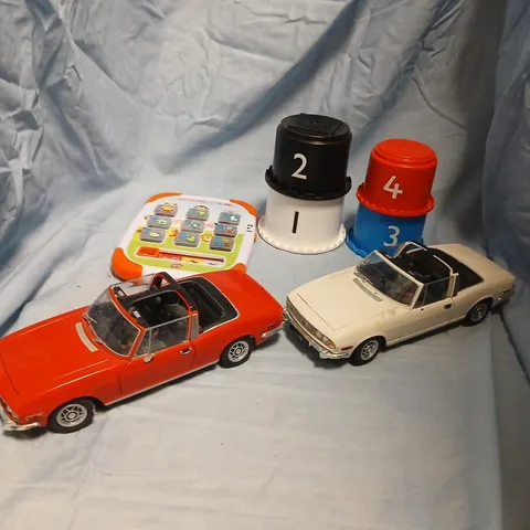 LARGE QUANTITY OF ASSORTED TOYS AND ACCESSORIES TO INCLUDE; STACKING TUBS, MODEL CARS AND JUNIOR KIDPAD