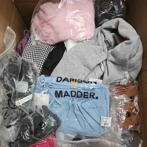 LARGE BOX OF APPROXIMATELY 25 ASSORTED CLOTHING ITEMS IN VARIOUS COLOURS, STYLES AND SIZES - COLLECTION ONLY