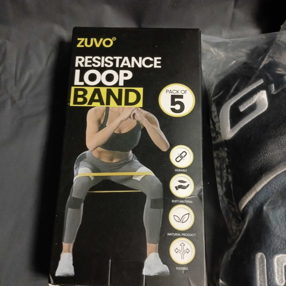 LOT OF 6 ASSORTED SPORTS ITEMS TO INCLUDE ZUVO RESISTANCE LOOP BAND PACK OF 5, PING-BRANDED BAG, COBRA MIRROR SWING, TITLEIST PRO V1 BALLS, ARENA SWIM GEAR, SPEEDO GOGGLES