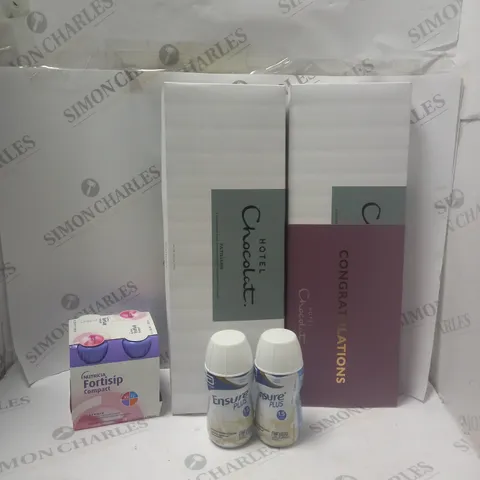 LOT OF ASSORTED FOOD AND DRINK ITEMS TO INCLUDE HOTEL CHOCOLAT, NUTRICIA AND ENSURE PLUS