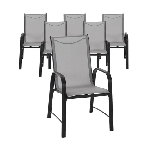 BOXED SET OF 6 COSCO OUTDOOR LIVING PALOMA STEEL DINING CHAIRS, LIGHT GRAY SLING, DARK GRAY STEEL FRAME
