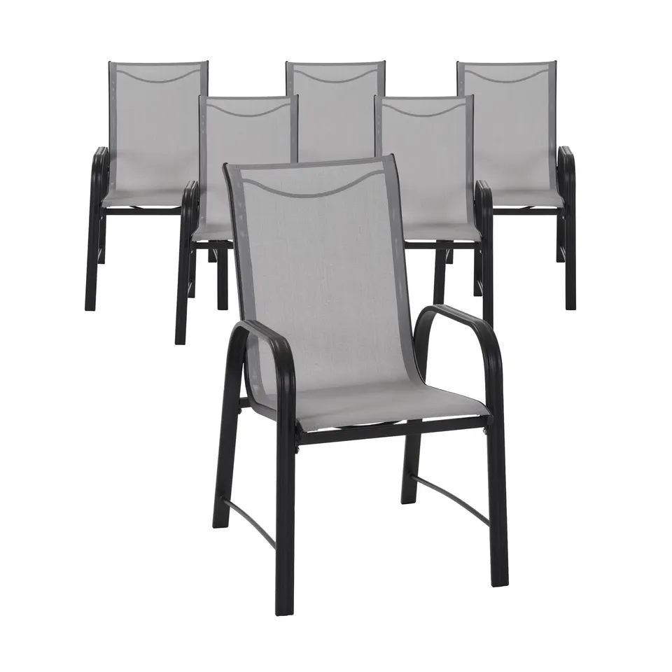 BOXED SET OF 6 COSCO OUTDOOR LIVING PALOMA STEEL DINING CHAIRS, LIGHT GRAY SLING, DARK GRAY STEEL FRAME