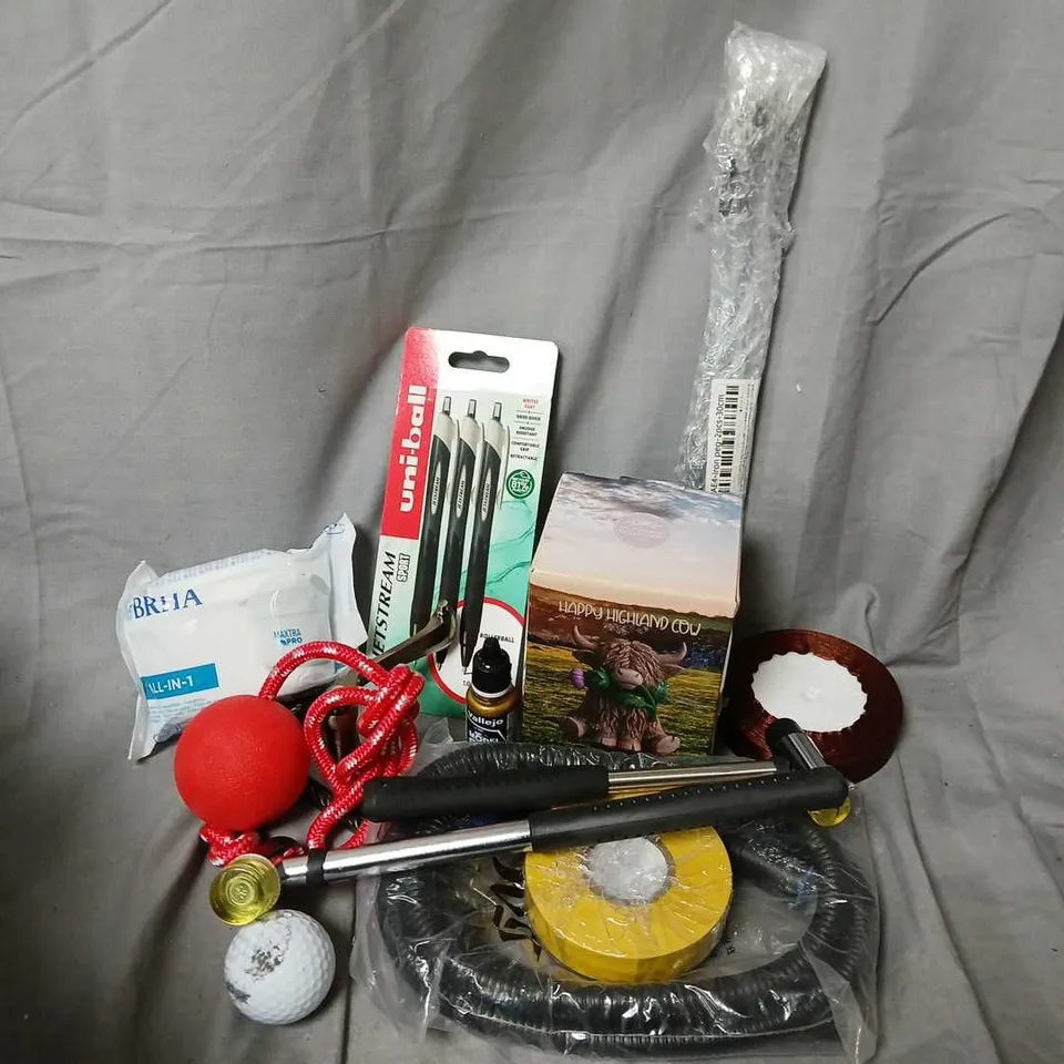 APPROXIMATELY 12 ASSORTED HOUSEHOLD ITEMS TO INCLUDE HAPPY HIGHLAND COW, UNI-BALL PENS, GOLFBALLS, ETC 