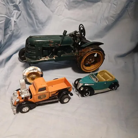 VINTAGE DIE-CAST METAL TOY VEHICLE TRIO: GREEN TRACTOR, ORANGE HOT ROD PICKUP & TEAL CONVERTIBLE