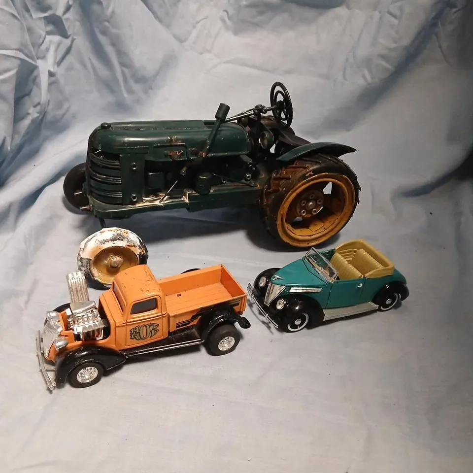 VINTAGE DIE-CAST METAL TOY VEHICLE TRIO: GREEN TRACTOR, ORANGE HOT ROD PICKUP & TEAL CONVERTIBLE