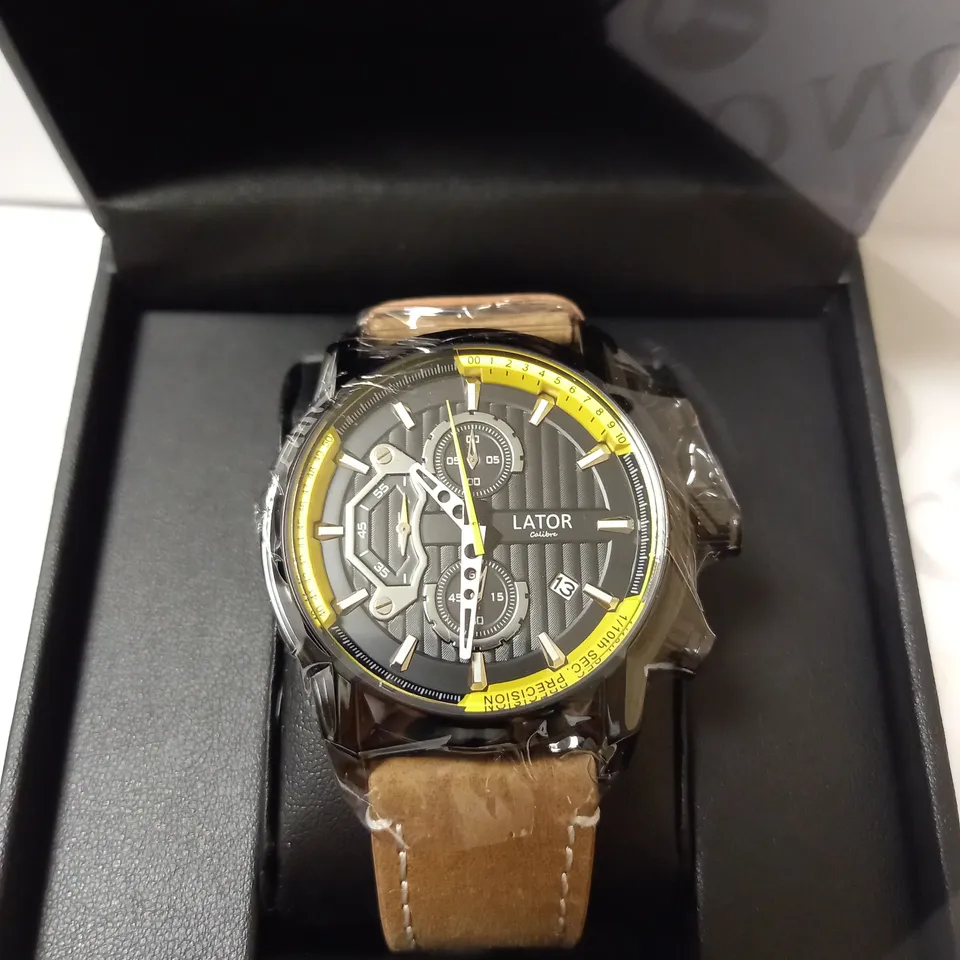 LATOR CALIBRE BLACK & YELLOW FACE SUEDE LEATHER STRAP WATCH RRP £635
