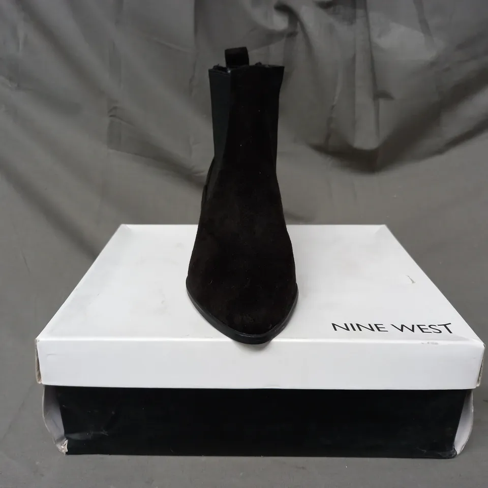 BOXED PAIR OF NINE WEST TAYE SUEDETTE ANKLE BOOTS IN BLACK EU SIZE 35