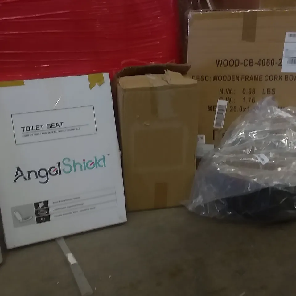 PALLET OF ASSORTED ITEMS INCLUDING WOVEN BASKET , TOILET SEAT , DISH DRYING TRAY , WOODEN FRAME CORK BOARD , CONTACT PAPER 