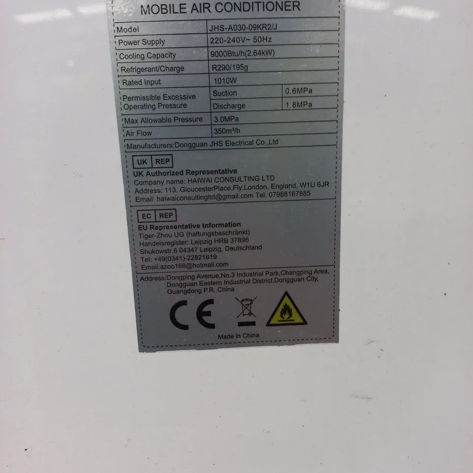 JHS MOBILE AIR CONDITIONER JHS-A030-09KR2/J – 9000 BTU/H PORTABLE UNIT, WITH REMOTE