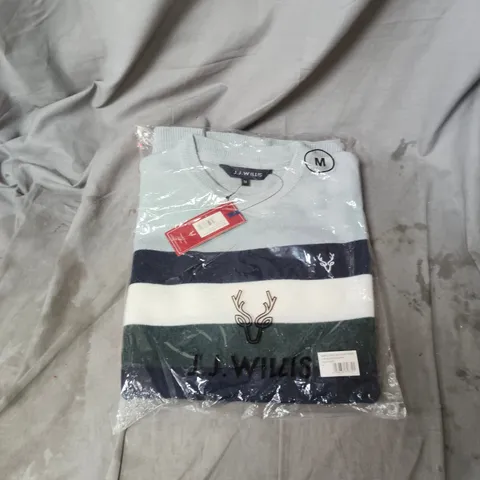 J.J. WILLIS MEN'S CREW NECK KNITWEAR – LIGHT GREY WITH NAVY, WHITE & GREEN STRIPES, SIZE M. SEALED