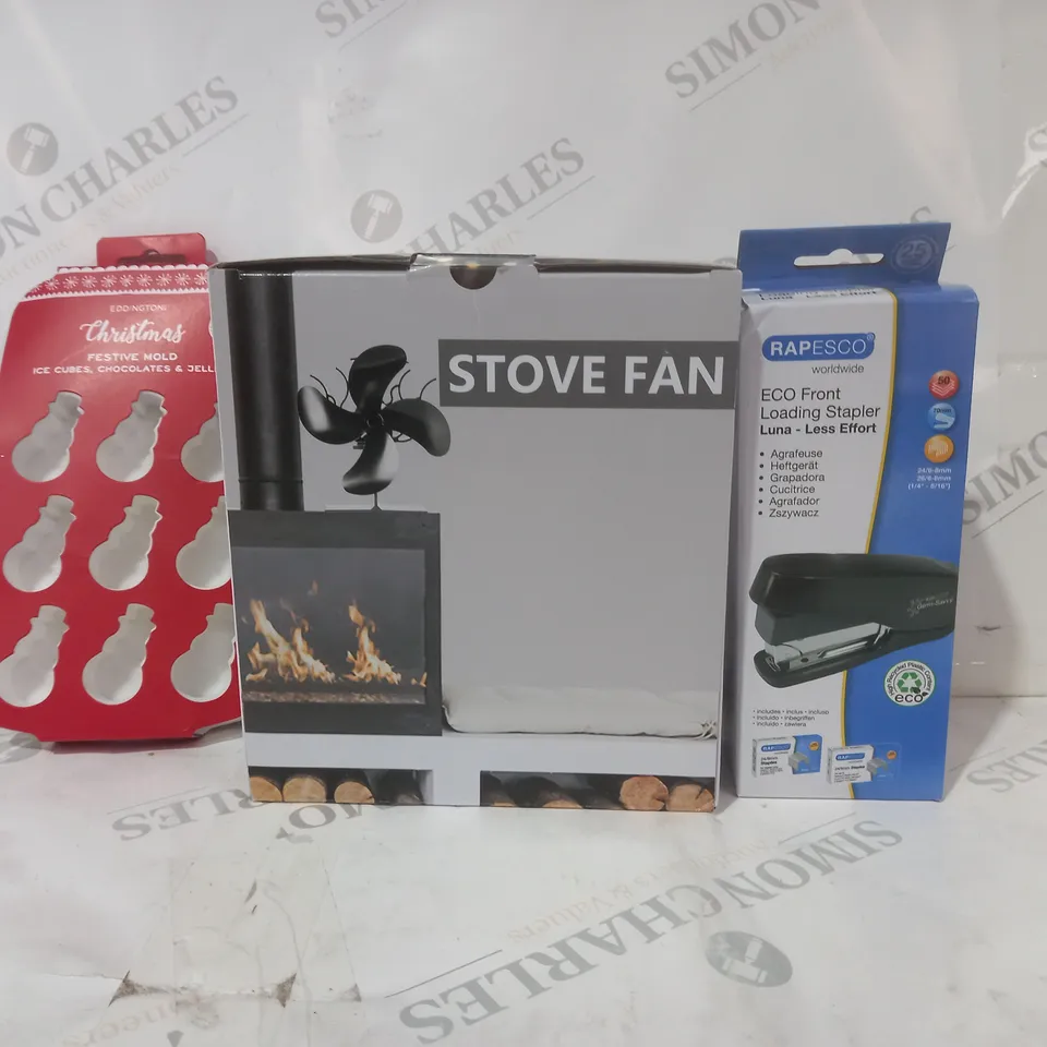 BOX OF APPROXIMATELY 15 ASSORTED HOUSEHOLD ITEMS TO INCLUDE FRONT LOADING STAPLER, STOVE FAN, FESTIVE MOLD, ETC