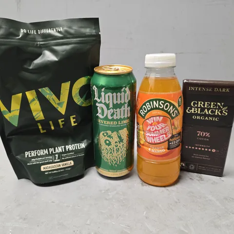 APPROXIMATELY 12 ASSORTED FOOD & DRINK ITEMS TO INCLUDE - VIVO LIFE PERFORM PLANT PROTEIN , LIQUID DEATH , ROBINSONS ORANGE & MANGO ETC