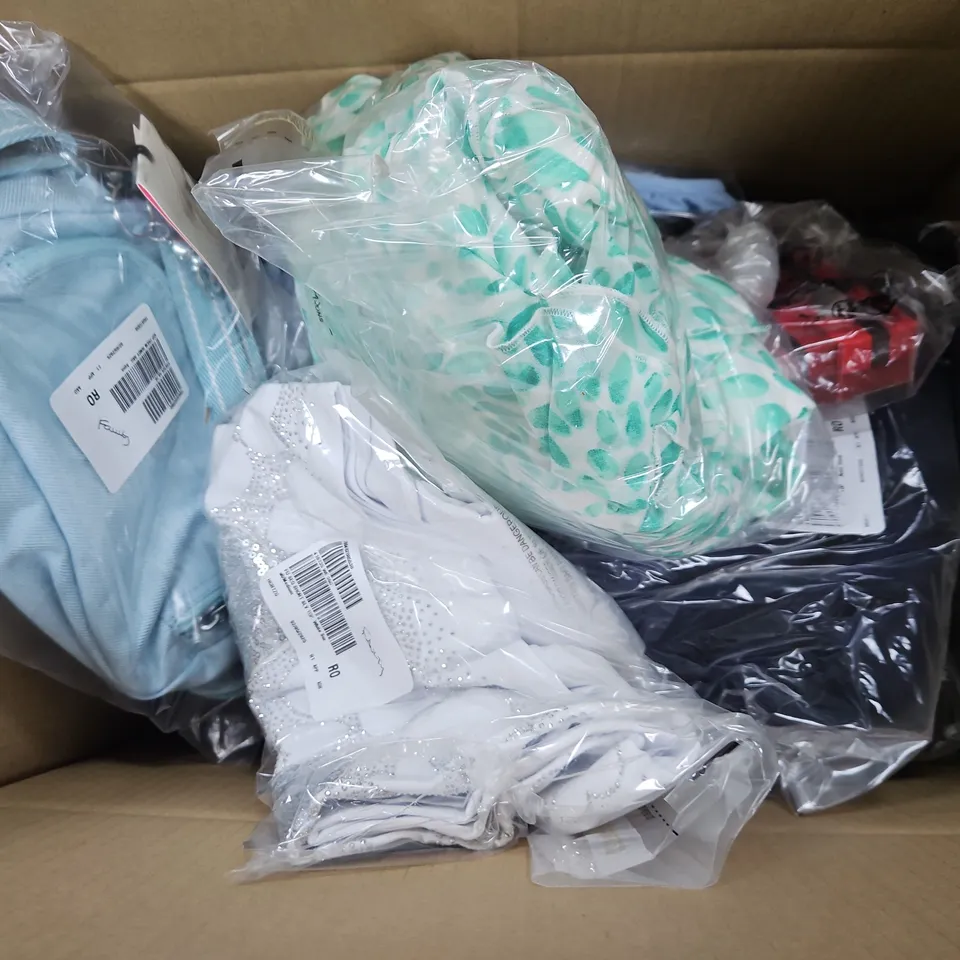APPROXIMATELY 12 ASSORTED BAGGED PIECES OF CLOTHING IN VARIOUS STYLES, SIZES, AND BRANDS TO INCLUDE BAG, DRESS, TOP, ETC
