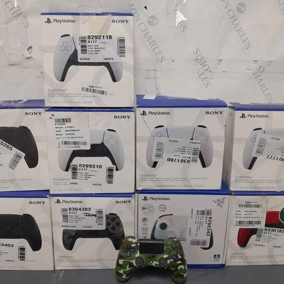 10 ASSORTED SONY PLAYSTATION CONTROLLERS IN VARIOUS COLOURS AND TYPES TO INCLUDE PS4 AND PS5