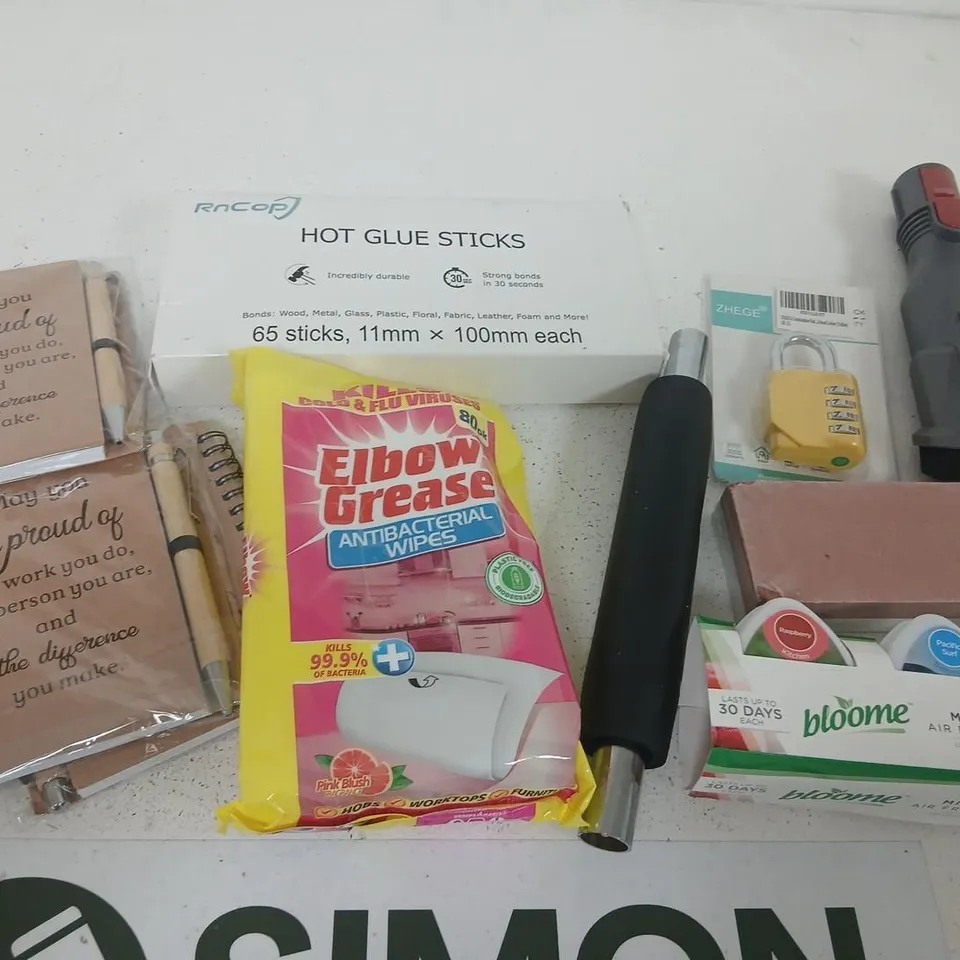 ASSORTED TOOLS & HARDWARE LOT: HOT GLUE STICKS, PADLOCK, WIPES, GLOVES, AIR FRESHENERS