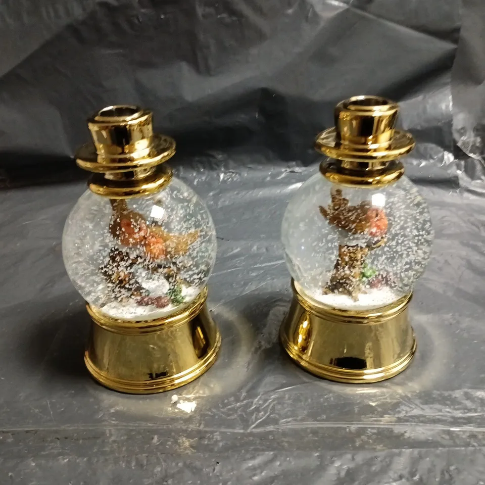 GOLD GLOBE CANDLE STICK HOLDERS (SET OF 2) WITH GLASS SNOW SCENE GLOBES